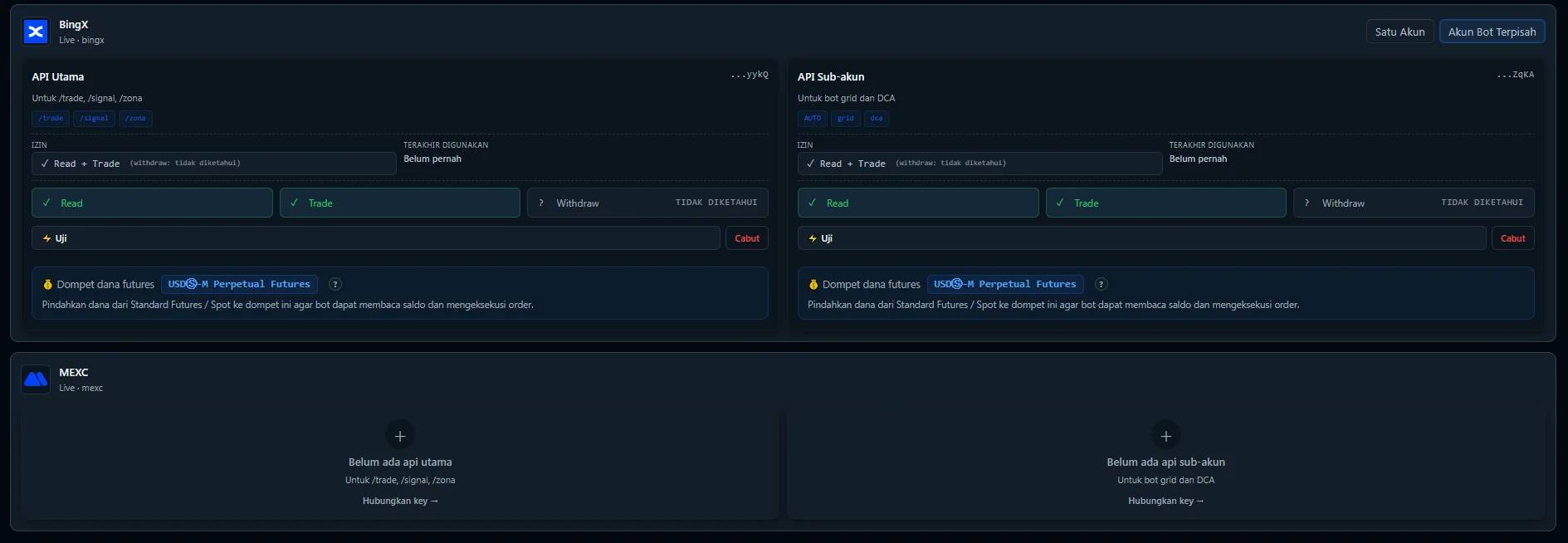 Layar API Keys mode Akun Bot Terpisah: kolom API Utama untuk /trade, /signal, /zona berdampingan dengan kolom API Sub-akun untuk bot Grid dan DCA, izin Read dan Trade tercentang